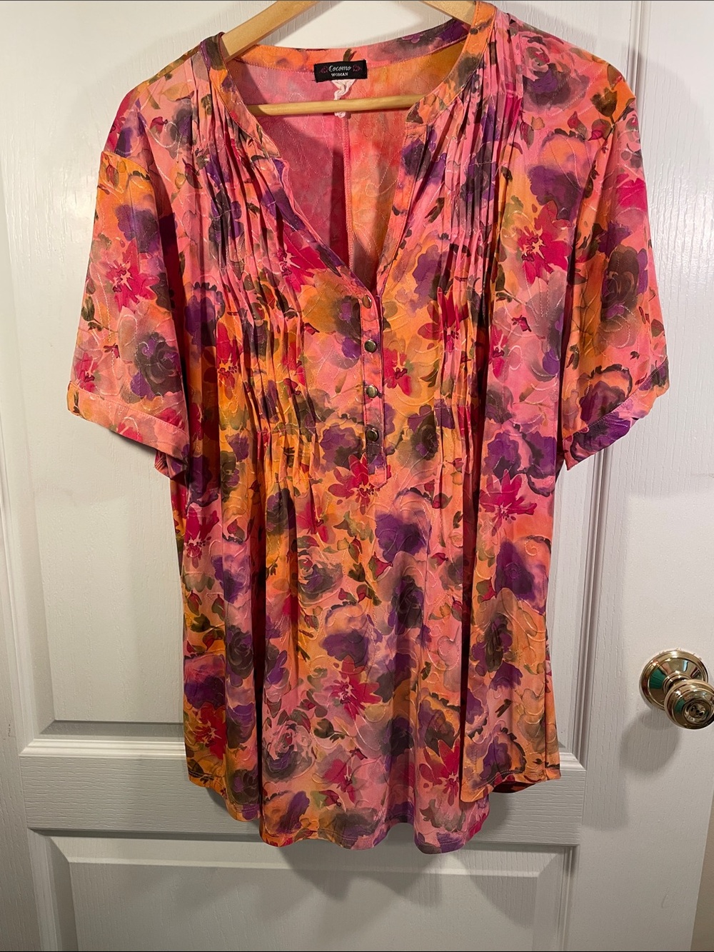 Cocomo Floral Pintuck V-Neck Blouse - Pink, Orange & Purple